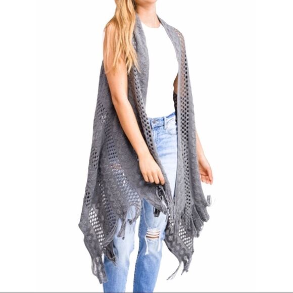 Sleeveless Gray Crochet Asymmetric Open Front Fringe Vest - NEW - Picture 2 of 4